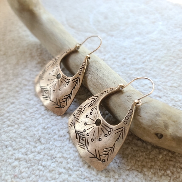 Tribal Dangle Earrings Boho Aztec 14k Gold - Picture 3 of 4